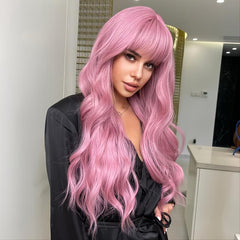 Long Pink Wig With Bangs Wavy Wigs - Christmas Must-Have