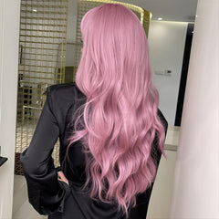 Long Pink Wig With Bangs Wavy Wigs - Christmas Must-Have