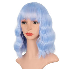 Purple Pink Short Bob Wig with Bangs Curly Wavy Synthetic Shoulder Length