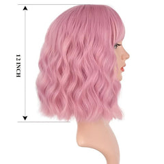 Purple Pink Short Bob Wig with Bangs Curly Wavy Synthetic Shoulder Length