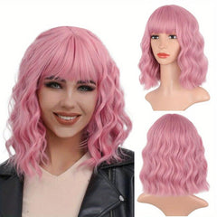 Purple Pink Short Bob Wig with Bangs Curly Wavy Synthetic Shoulder Length