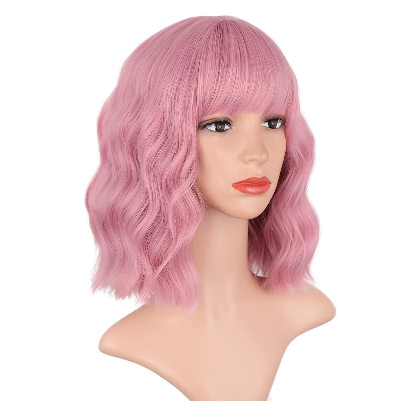 Purple Pink Short Bob Wig with Bangs Curly Wavy Synthetic Shoulder Length