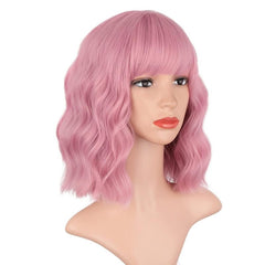Purple Pink Short Bob Wig with Bangs Curly Wavy Synthetic Shoulder Length