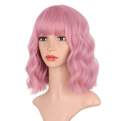 Purple Pink Short Bob Wig with Bangs Curly Wavy Synthetic Shoulder Length