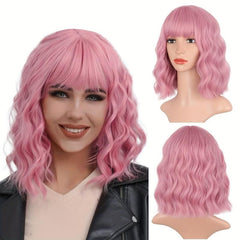 Purple Pink Short Bob Wig with Bangs Curly Wavy Synthetic Shoulder Length
