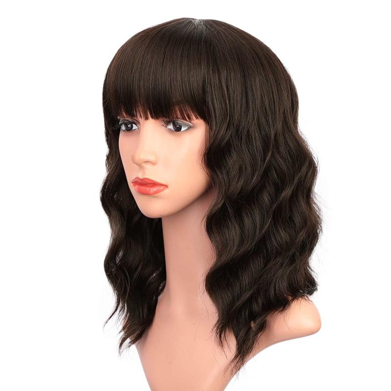 Purple Pink Short Bob Wig with Bangs Curly Wavy Synthetic Shoulder Length