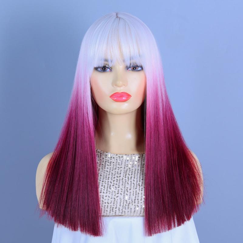 Ombre Pink Straight Hair Wigs With Bangs For Women