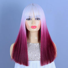Ombre Pink Straight Hair Wigs With Bangs For Women