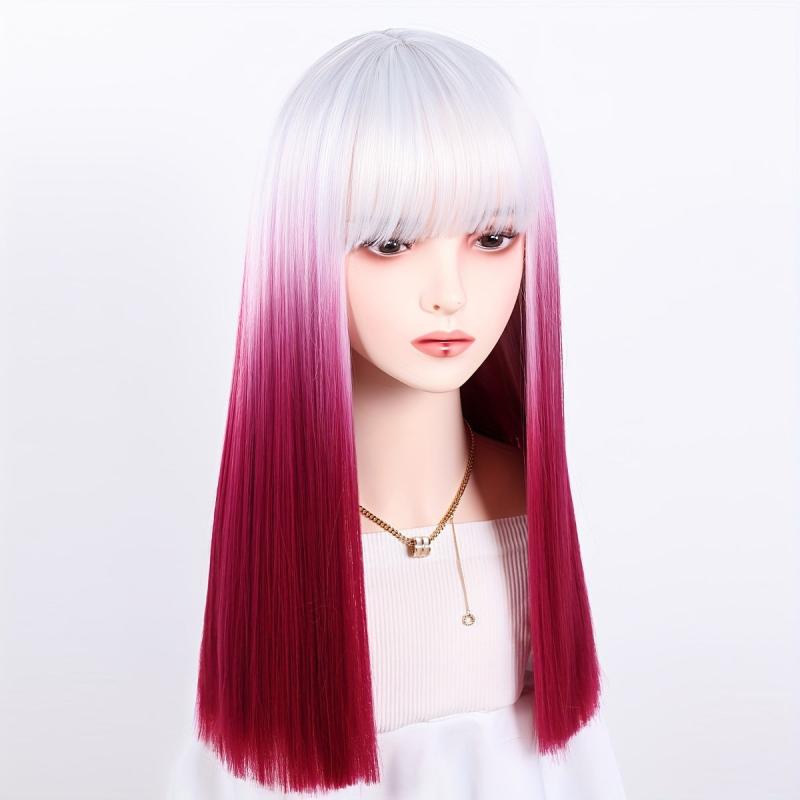 Ombre Pink Straight Hair Wigs With Bangs For Women