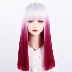 Ombre Pink Straight Hair Wigs With Bangs For Women
