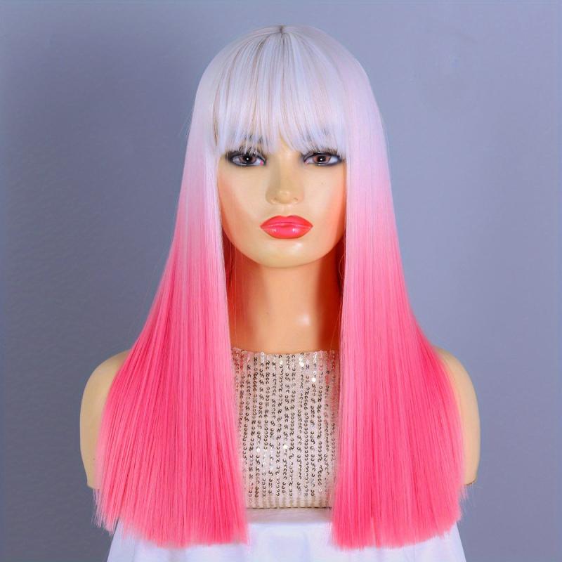 Ombre Pink Straight Hair Wigs With Bangs For Women