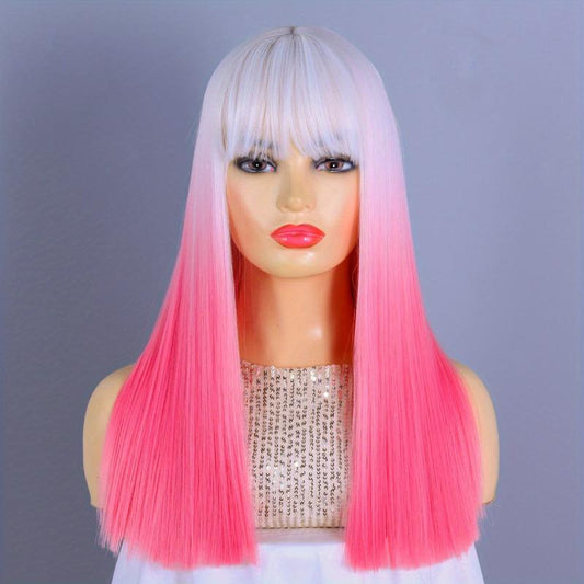 Ombre Pink Straight Hair Wigs With Bangs For Women
