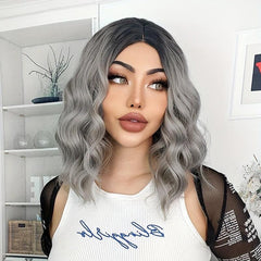 Gray Short Bob Synthetic Water Wave Wig