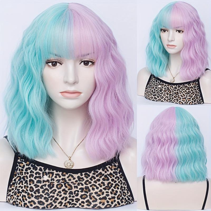Two Tone Short Curly Wig with Bangs - Shoulder Length Synthetic Split Wig