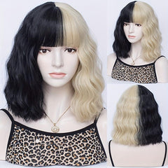 Two Tone Short Curly Wig with Bangs - Shoulder Length Synthetic Split Wig
