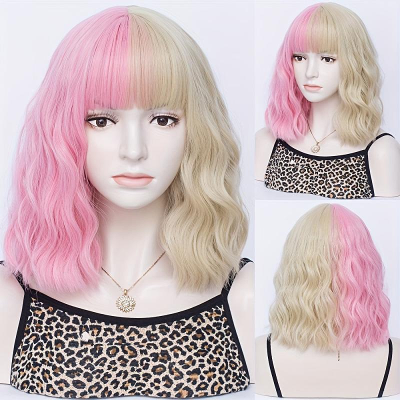 Two Tone Short Curly Wig with Bangs - Shoulder Length Synthetic Split Wig