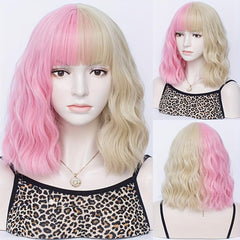Two Tone Short Curly Wig with Bangs - Shoulder Length Synthetic Split Wig