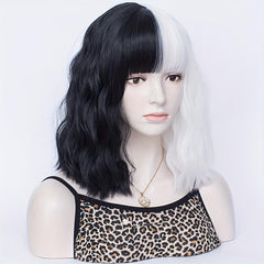 Two Tone Short Curly Wig with Bangs - Shoulder Length Synthetic Split Wig