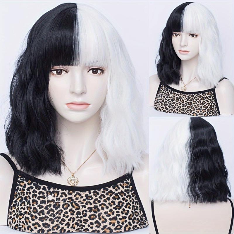 Two Tone Short Curly Wig with Bangs - Shoulder Length Synthetic Split Wig