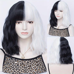 Two Tone Short Curly Wig with Bangs - Shoulder Length Synthetic Split Wig