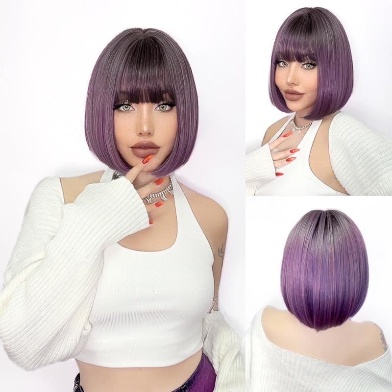 Short Bob Wig Red/Blonde Synthetic 14inch Straight Heat Resistant