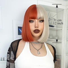 Short Bob Wig Red/Blonde Synthetic 14inch Straight Heat Resistant