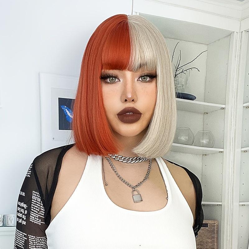 Short Bob Wig Red/Blonde Synthetic 14inch Straight Heat Resistant
