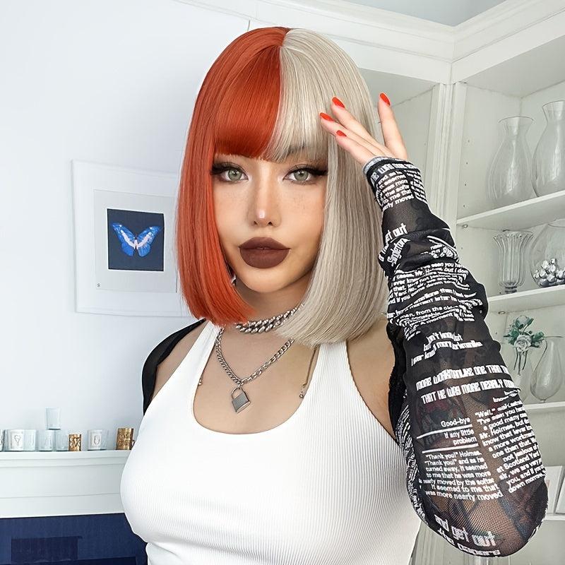 Short Bob Wig Red/Blonde Synthetic 14inch Straight Heat Resistant