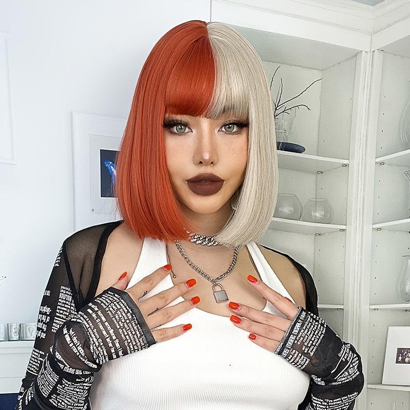 Short Bob Wig Red/Blonde Synthetic 14inch Straight Heat Resistant