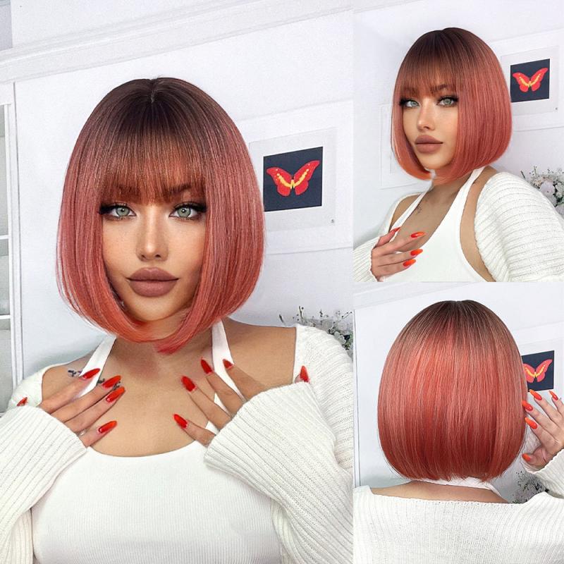 Short Bob Wig Red/Blonde Synthetic 14inch Straight Heat Resistant