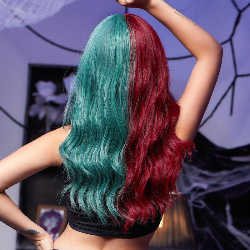 22 Inch Long Wavy Green and Red Synthetic Wig for Cosplay Parties