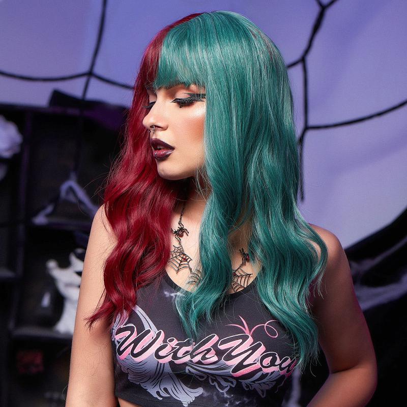 22 Inch Long Wavy Green and Red Synthetic Wig for Cosplay Parties
