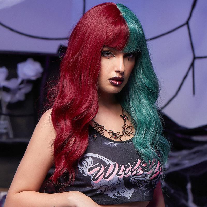 22 Inch Long Wavy Green and Red Synthetic Wig for Cosplay Parties