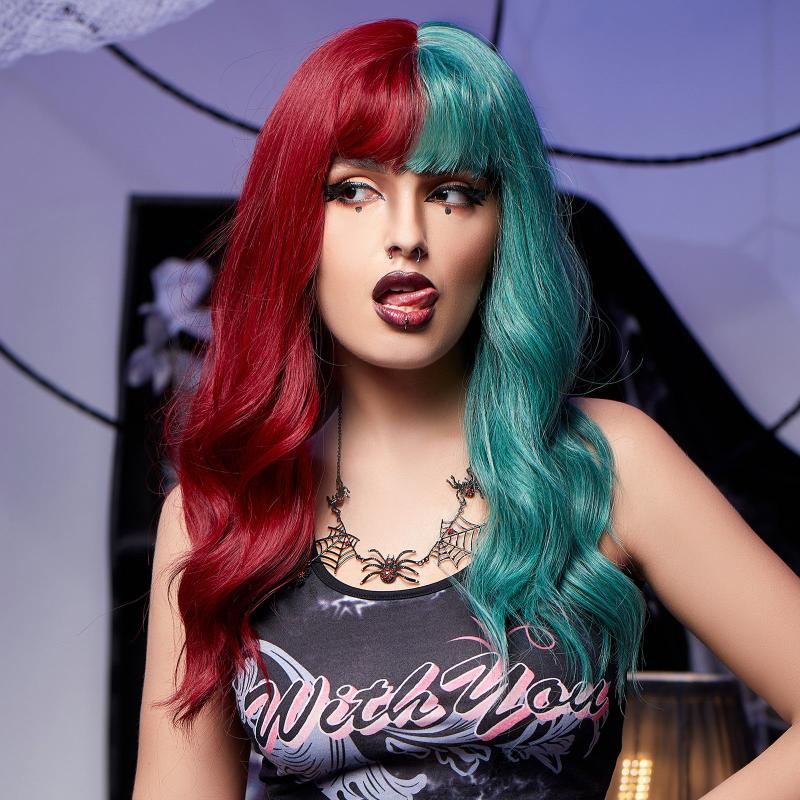 22 Inch Long Wavy Green and Red Synthetic Wig for Cosplay Parties