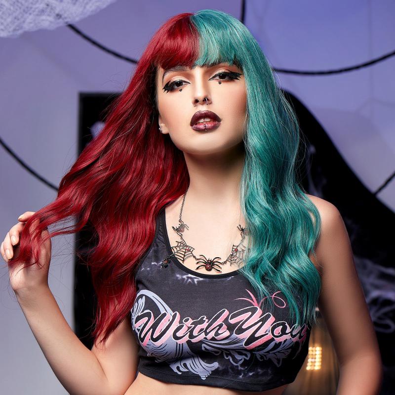 22 Inch Long Wavy Green and Red Synthetic Wig for Cosplay Parties