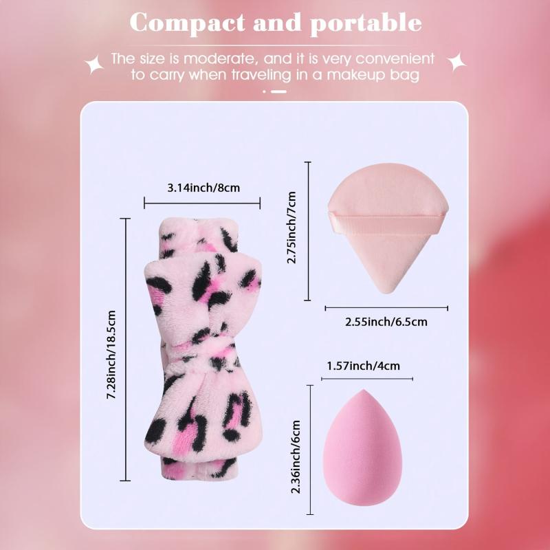 10pcs Pink Makeup Kit Triangle Puff Sponge & Leopard Print Headband Set