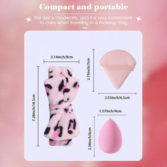 10pcs Pink Makeup Kit Triangle Puff Sponge & Leopard Print Headband Set