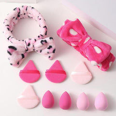 10pcs Pink Makeup Kit Triangle Puff Sponge & Leopard Print Headband Set