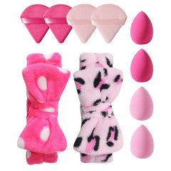 10pcs Pink Makeup Kit Triangle Puff Sponge & Leopard Print Headband Set