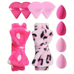 10pcs Pink Makeup Kit Triangle Puff Sponge & Leopard Print Headband Set