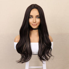 Long Highlight Wig Middle Parted Curly Wavy Synthetic Hair