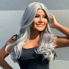 Long Highlight Wig Middle Parted Curly Wavy Synthetic Hair