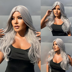 Long Highlight Wig Middle Parted Curly Wavy Synthetic Hair