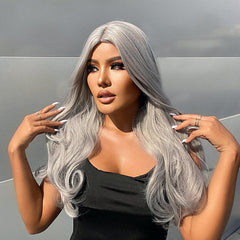 Long Highlight Wig Middle Parted Curly Wavy Synthetic Hair