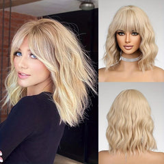 35 56 Cm Shoulder Length Curly Wavy Hair Wigs With Bangs Synthetic Wavy Hair