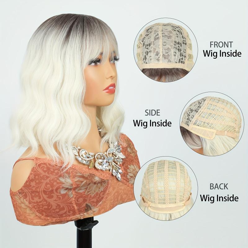 30 48 Cm Blonde Body Wave Hair Wigs With Bangs Synthetic Fiber