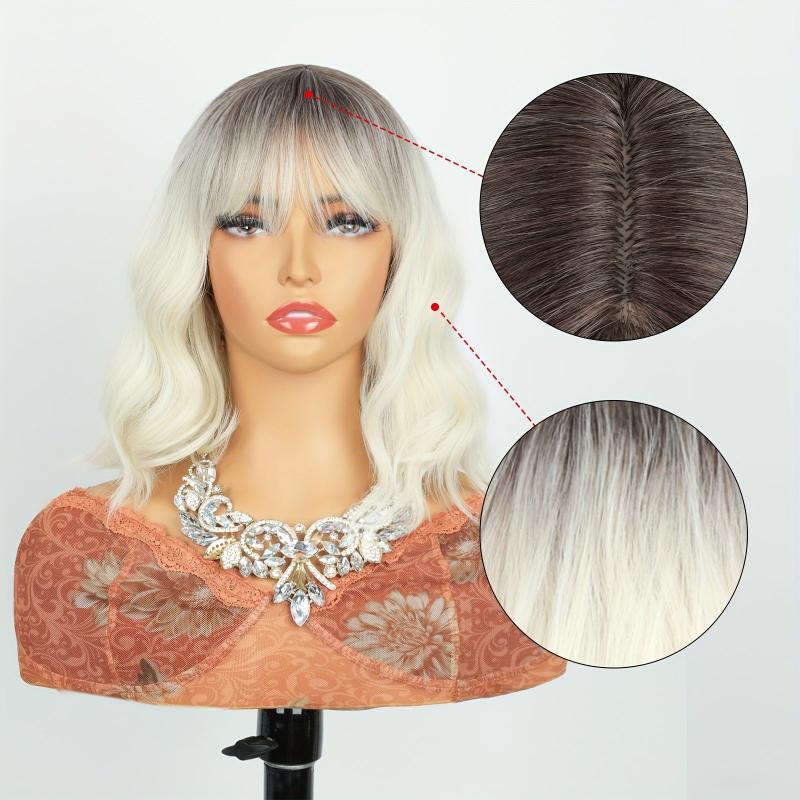 30 48 Cm Blonde Body Wave Hair Wigs With Bangs Synthetic Fiber