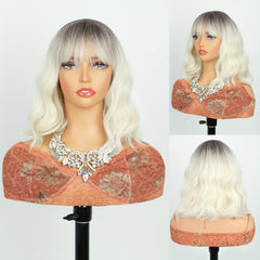 30 48 Cm Blonde Body Wave Hair Wigs With Bangs Synthetic Fiber