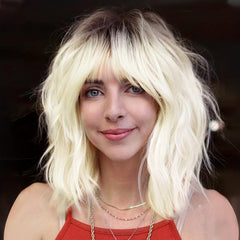 30 48 Cm Blonde Body Wave Hair Wigs With Bangs Synthetic Fiber