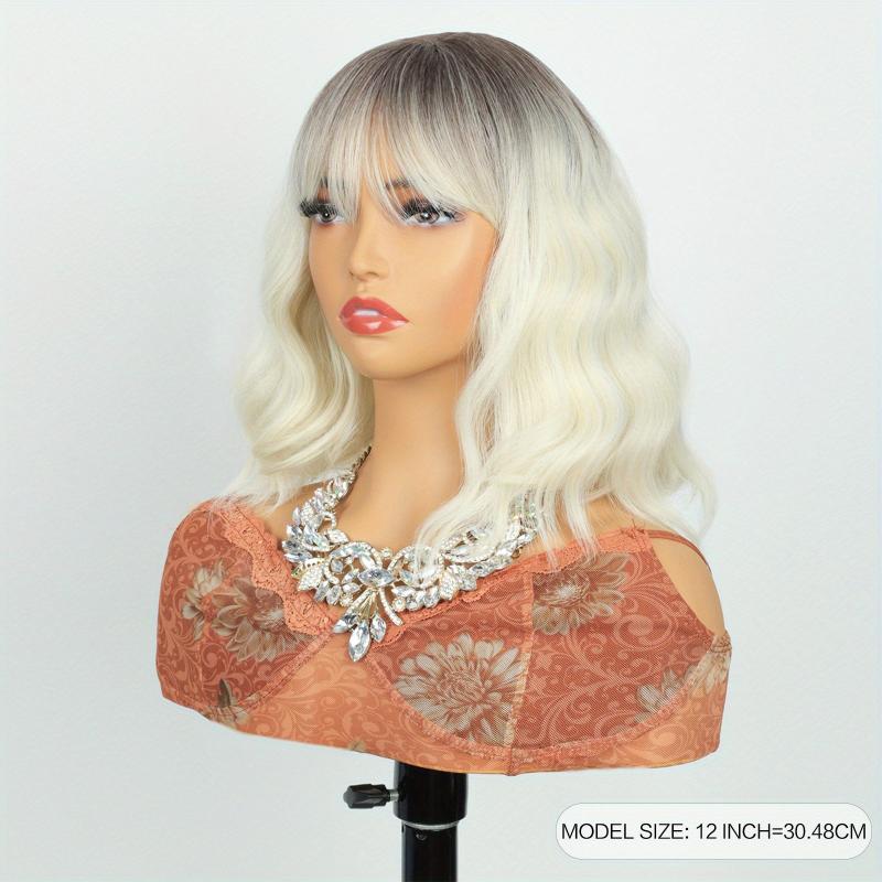 30 48 Cm Blonde Body Wave Hair Wigs With Bangs Synthetic Fiber